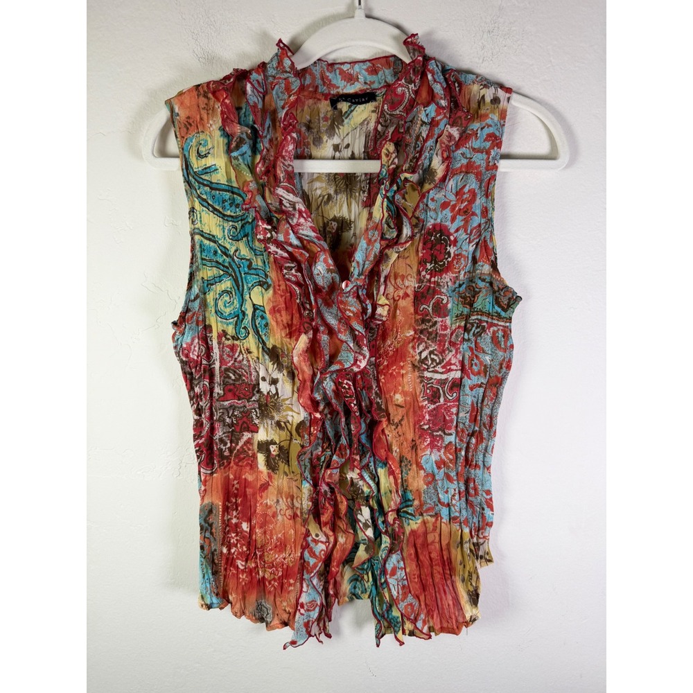 Le Caviar Womens Medium Ruffle Front Crinkle Blouse Sleeveless Patchwork Paisley